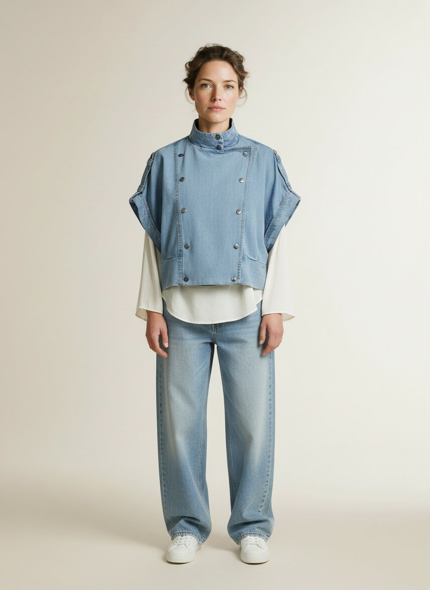 Full body view of the model wearing Co'couture Tillycc Vest Fade Denim