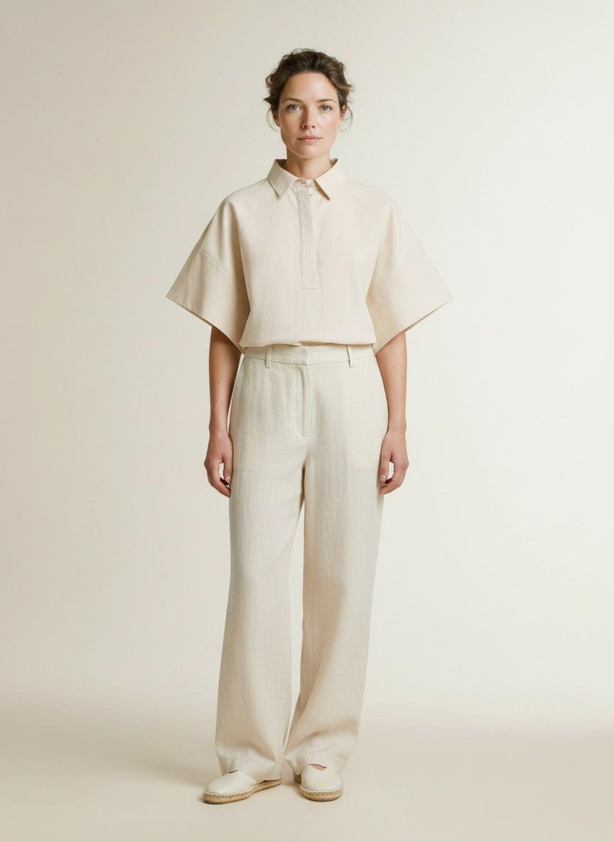 Full body view of the model wearing Yaya Oversized Blouse With Sleeve Detail Cloud Creme White