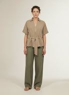 Full body view of the model wearing Mos Mosh Mmindie Gunilla Blouse Sesame
