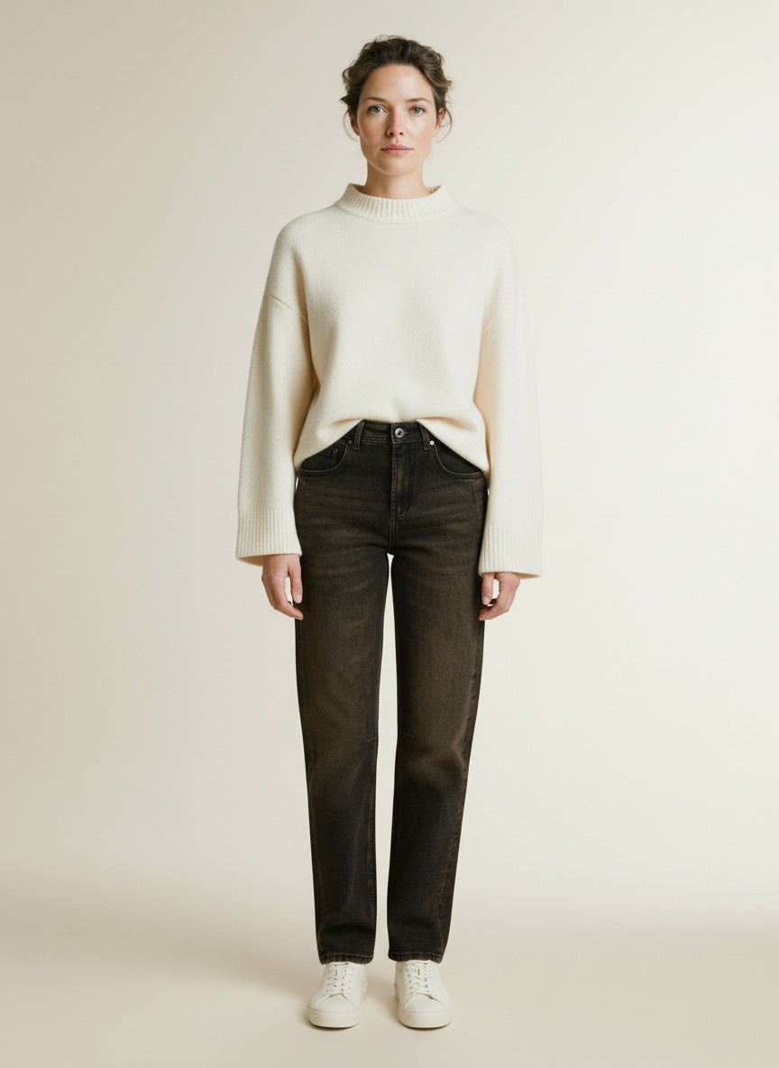 Full body view of the model wearing Red Button Caitlina Side Patch Denim Overdye Brown Black-l31