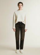 Full body view of the model wearing Red Button Caitlina Side Patch Denim Overdye Brown Black-l31