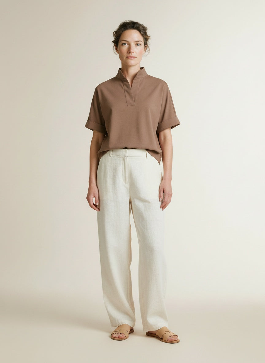 Full body view of the model wearing Yaya Top With Short Sleeves And Polo Collar Brownie Brown