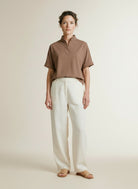 Full body view of the model wearing Yaya Top With Short Sleeves And Polo Collar Brownie Brown