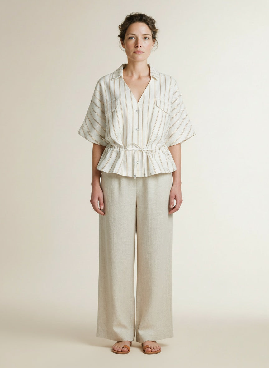 Full body view of the model wearing Red Button Drew Drawstring Linen/co Stripe Darksand