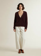 Full body view of the model wearing Red Button Cardigan Fuzzy Burgundy