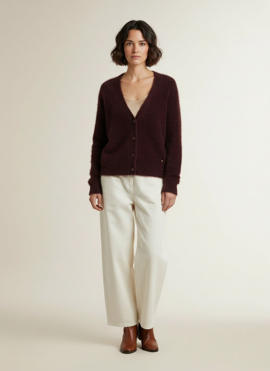 Full body view of the model wearing Red Button Cardigan Fuzzy Burgundy