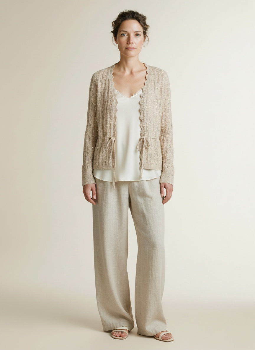 Full body view of the model wearing Red Button Cardigan Ajour Sparkle Lightsand