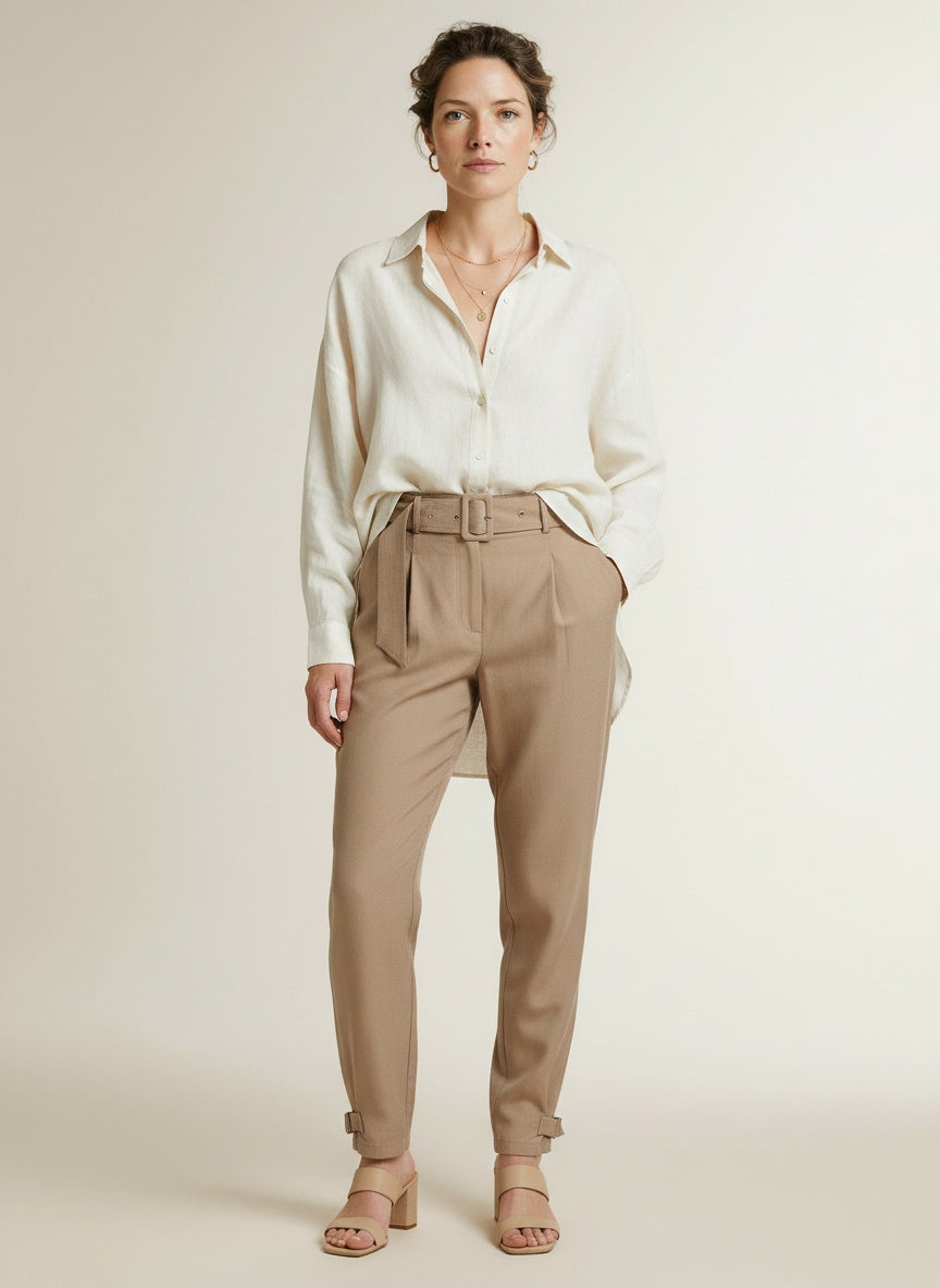 Full body view of the model wearing Yaya High Waist Trousers With Strap Details Brownie Brown