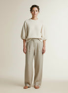 Full body view of the model wearing Yaya Sweater With Textured Sleeves Off White Melange