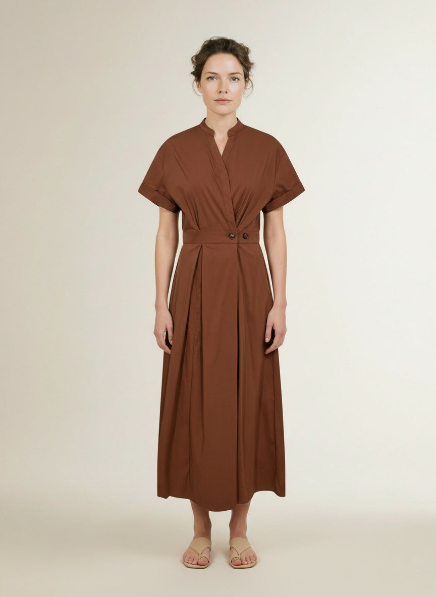 Full body view of the model wearing Co'couture Elaracc Wrap Ss Dress Suntan