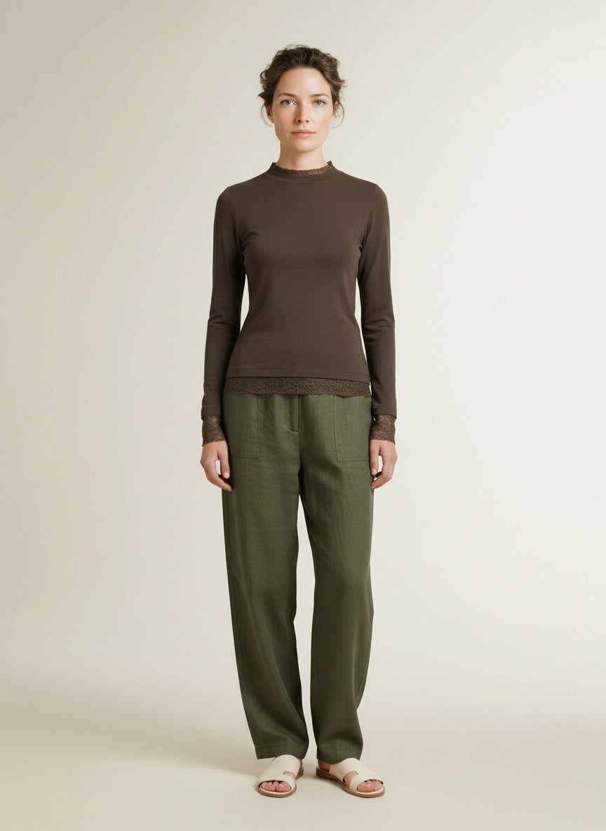 Full body view of the model wearing Yaya Long Sleeve Top With Lace Edges Slate Black Brown