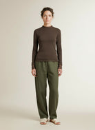 Full body view of the model wearing Yaya Long Sleeve Top With Lace Edges Slate Black Brown