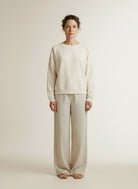 Full body view of the model wearing Yaya Sweatshirt With Wrap Detail On The Back Creme Beige