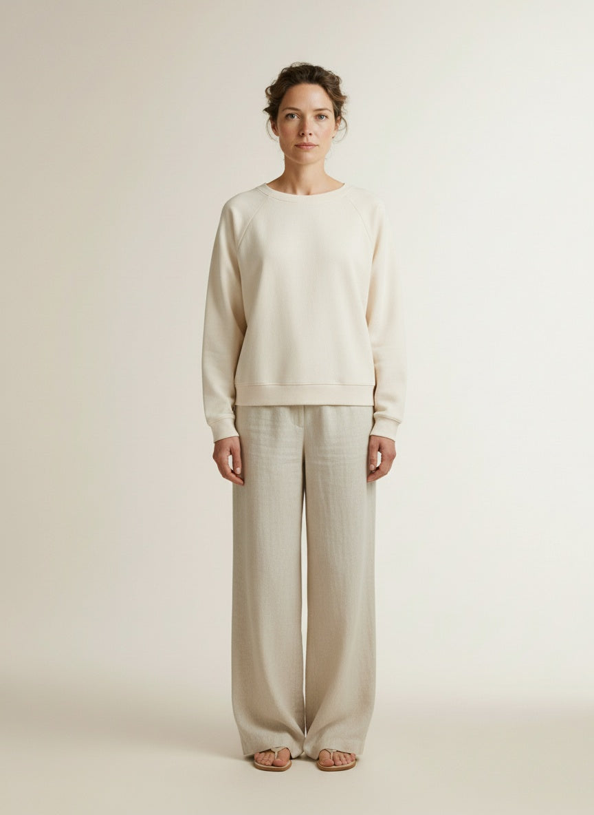 Full body view of the model wearing Yaya Sweatshirt With Wrap Detail On The Back Creme Beige