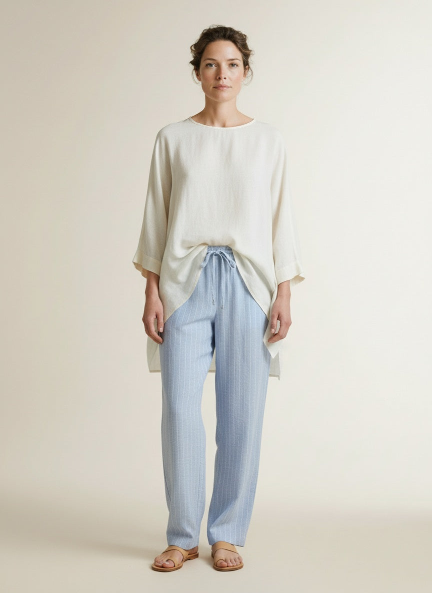 Full body view of the model wearing Red Button Claudette Linen/visco Pinstripe L33 Light Blue-l33