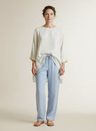 Full body view of the model wearing Red Button Claudette Linen/visco Pinstripe L33 Light Blue-l33