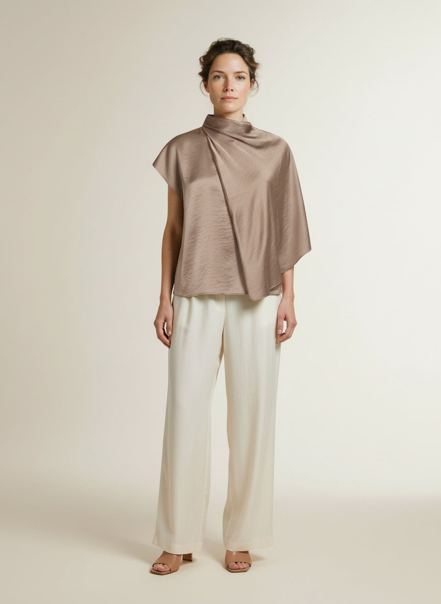 Full body view of the model wearing Co'couture Iduncc Cape Ss Blouse Walnut