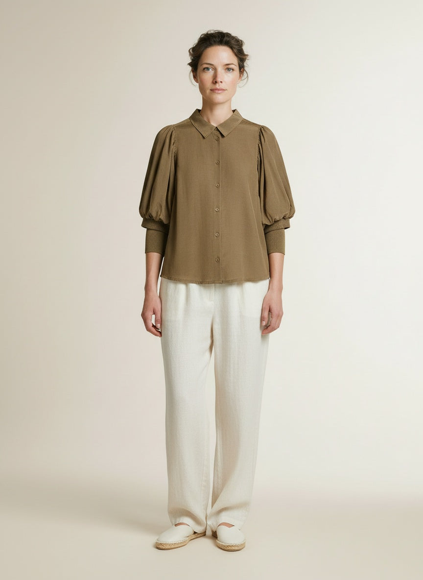 Full body view of the model wearing Summum Blouse Viscose Cotton 763 Dark Clay
