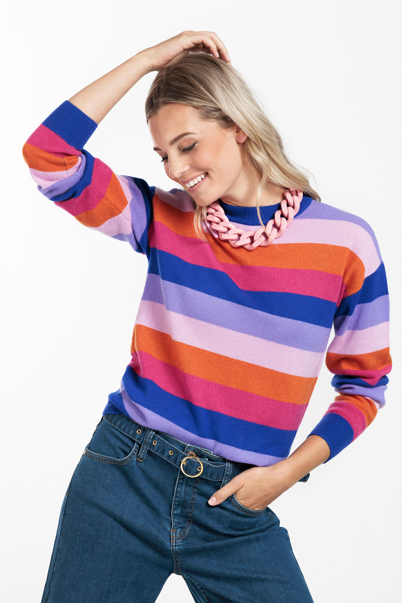 Studio Anneloes Cady Stripe Cashmere Pullover Pink Cobalt Model