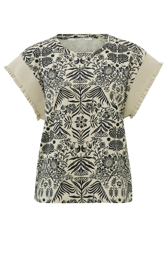 Yaya Printed Top With Knitted Sleeves Pumice Stone Sand