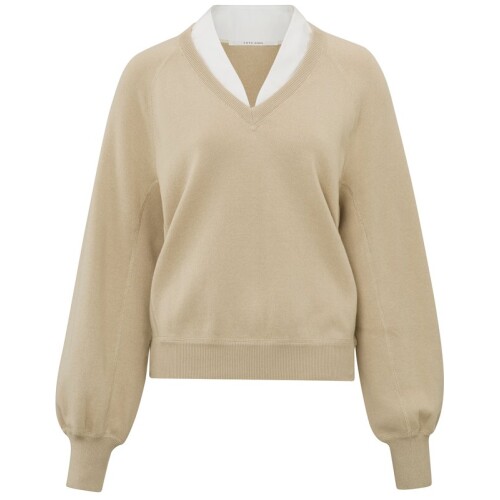 Yaya V-neck With Woven Detail Sweater Ls White Pepper Beige