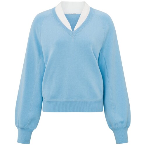 Yaya V-neck With Woven Detail Sweater Ls Cerulean Blue